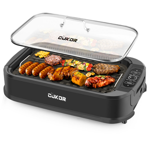 CUKOR Indoor Smokeless Grill,1500W Power Electric Grill with Tempered Glass Lid, Compact & Portable